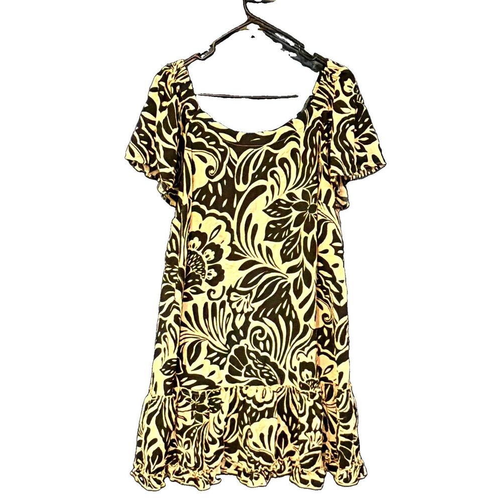 Robbie Bee Black/Ivory Floral A-Line Dress Square Neck Flutter Sleeve Ruffle 2X
